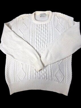 Vintage Lord Jeff White Cable Knit Sweater 100% Cotton Made In USA Size Large